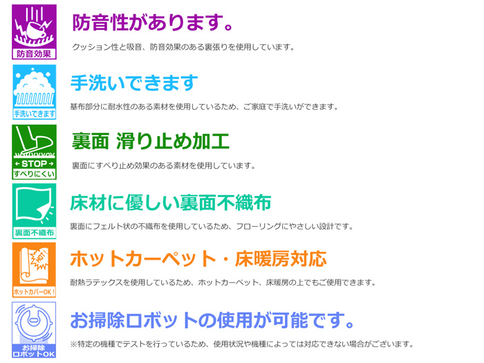 防音・手洗いできる・滑り止め加工・ホットカーペット対応・裏面不織布・お掃除ロボ対応